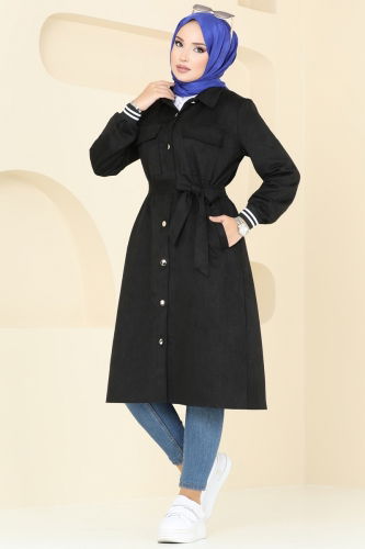 moda selvim Overcoat 5281AL357 Black - Thumbnail