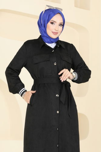 moda selvim Overcoat 5281AL357 Black - Thumbnail