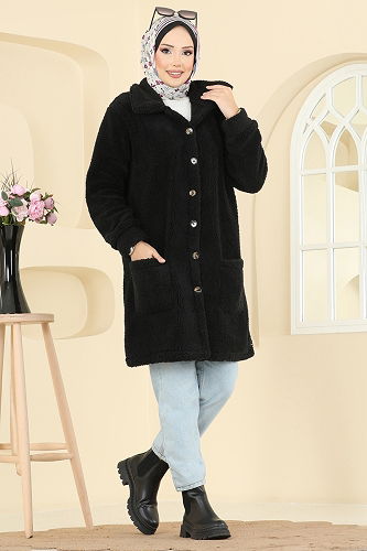 moda selvim Overcoat 6053TEG847 Black - Thumbnail