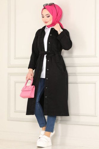 moda selvim Overcoat 6077MZ203 Black Denim - Thumbnail