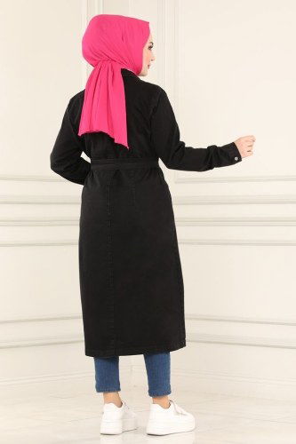 moda selvim Overcoat 6077MZ203 Black Denim - Thumbnail