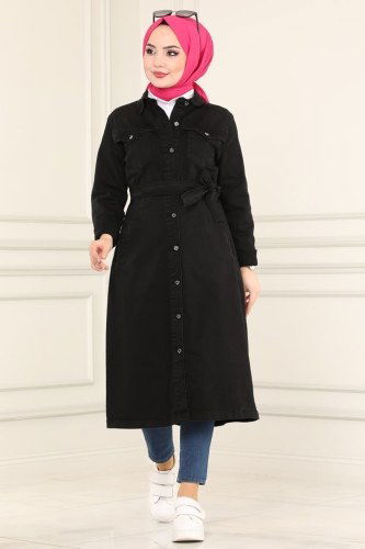 moda selvim Overcoat 6077MZ203 Black Denim - Thumbnail