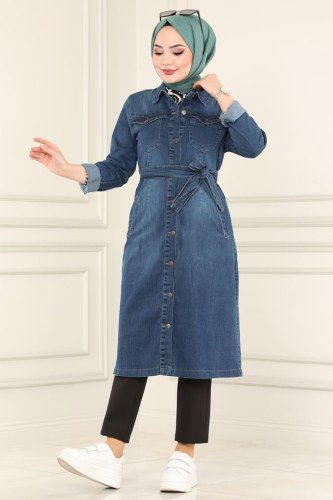 moda selvim Overcoat 6077MZ203 Denim - Thumbnail
