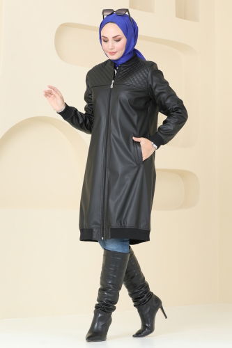 moda selvim Overcoat 6105S324 Black - Thumbnail