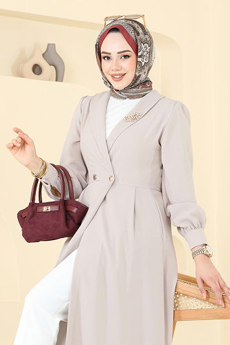 moda selvim Overcoat 6214BSK463 Stone - Thumbnail