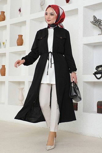 moda selvim Overcoat 6875S324 Black - Thumbnail