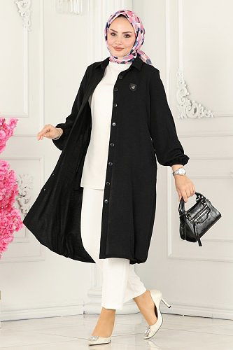 moda selvim Overcoat 7013TRT545 Black - Thumbnail
