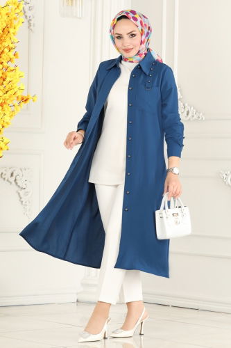 moda selvim Overcoat 8002BM387 Indigo - Thumbnail