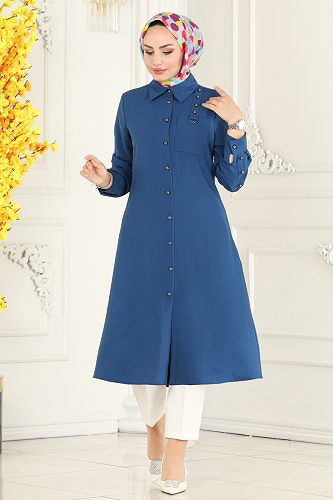 moda selvim Overcoat 8002BM387 Indigo - Thumbnail