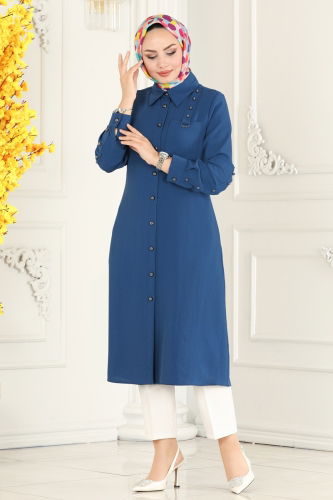 moda selvim Overcoat 8002BM387 Indigo - Thumbnail