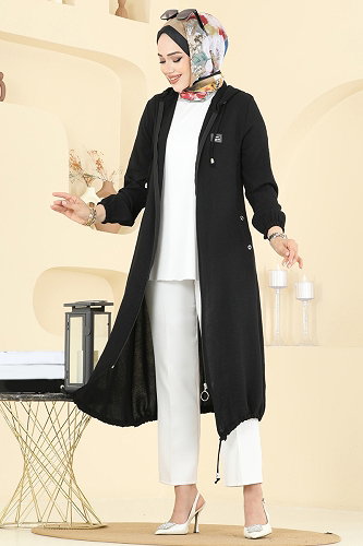 moda selvim Overcoat 9233PLK541 Black - Thumbnail