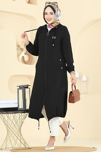 moda selvim Overcoat 9233PLK541 Black - Thumbnail