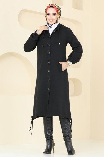 moda selvim Overcoat 320DVL817 Black - Thumbnail