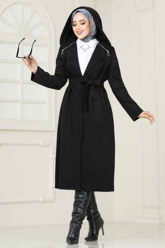 moda selvim Overcoat 4398AL357 Black - Thumbnail