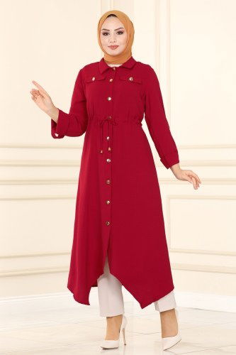 moda selvim Overcoat PL7066 Light Claret Red - Thumbnail