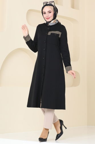 moda selvim Overcoat PL9081 Black - Thumbnail