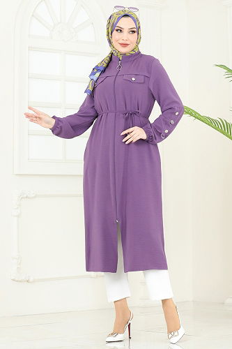 moda selvim Overcoat PL9131 Dark Lilac - Thumbnail