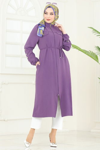 moda selvim Overcoat PL9131 Dark Lilac - Thumbnail