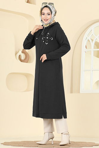 moda selvim Overcoat PL9186 Black - Thumbnail