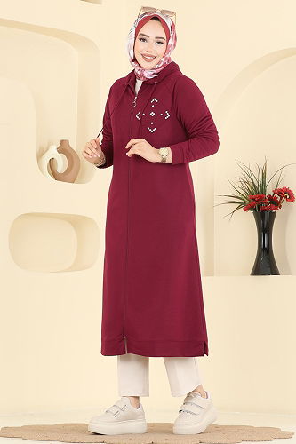 moda selvim Overcoat PL9186 Burgundy - Thumbnail