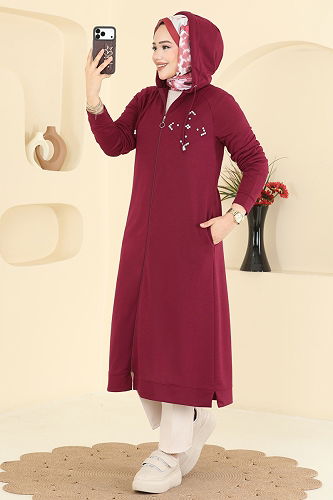 moda selvim Overcoat PL9186 Burgundy - Thumbnail