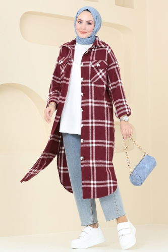 moda selvim Oversize Oduncu Ekose Tunik 3089BLU797 Bordo - Thumbnail