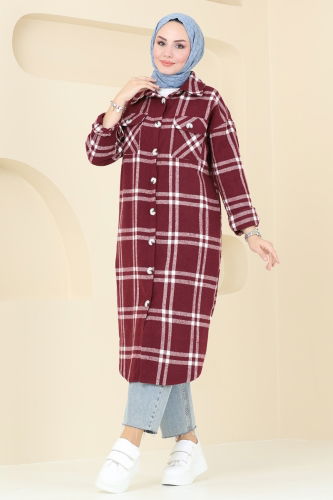 B.L.U. - Oversize Oduncu Ekose Tunik 3089BLU797 Bordo