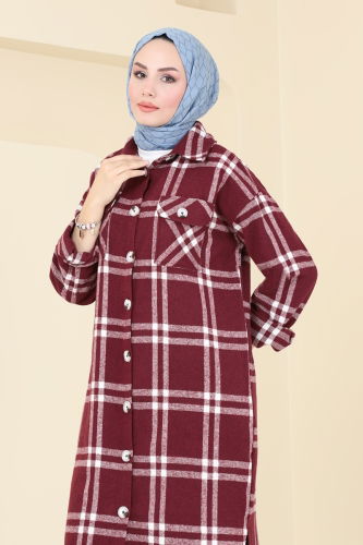 moda selvim Oversize Oduncu Ekose Tunik 3089BLU797 Bordo - Thumbnail