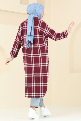 moda selvim Oversize Oduncu Ekose Tunik 3089BLU797 Bordo - Thumbnail