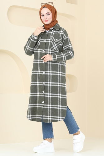 moda selvim Oversize Oduncu Ekose Tunik 3089BLU797 Haki - Thumbnail