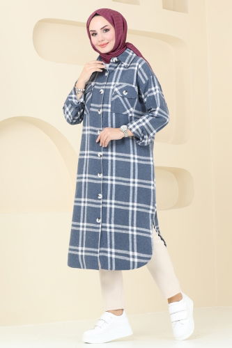 moda selvim Oversize Oduncu Ekose Tunik 3089BLU797 İndigo - Thumbnail