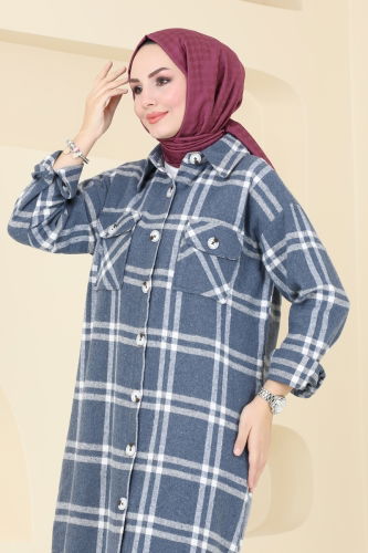 moda selvim Oversize Oduncu Ekose Tunik 3089BLU797 İndigo - Thumbnail