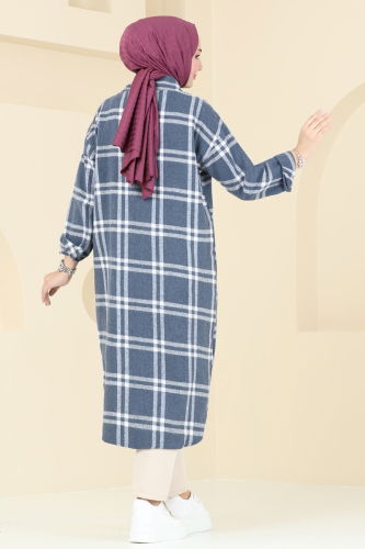 moda selvim Oversize Oduncu Ekose Tunik 3089BLU797 İndigo - Thumbnail