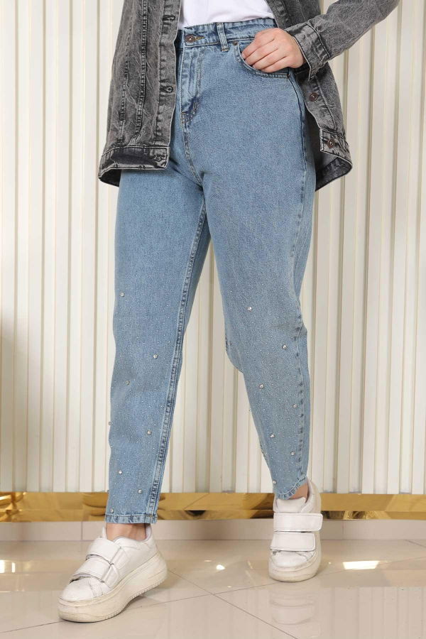 Modaselvim Pantolon Paçaları Taşlı Pantolon MİH6094-M Mavi