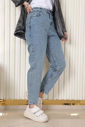 moda selvim Paçaları Taşlı Pantolon MİH6094-M Mavi - Thumbnail