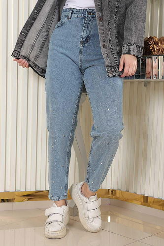moda selvim Paçaları Taşlı Pantolon MİH6094-M Mavi - Thumbnail