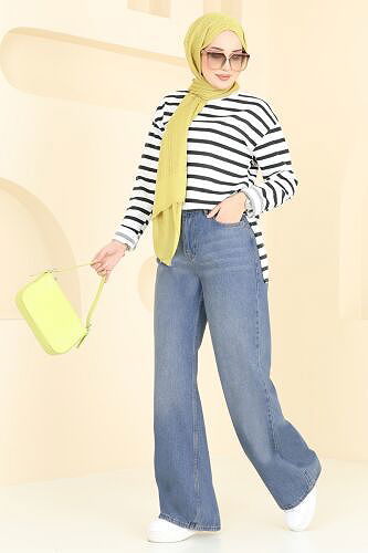 moda selvim Palazzo Kot Pantolon 11071PGS1067 Yıkamalı Kot - Thumbnail