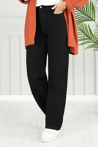 moda selvim Palazzo Kot Pantolon 4606DRN1147 Siyah Kot - Thumbnail
