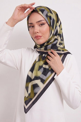 moda selvim Palet Desen Eşarp Serisi 314AFV475 Yağ Yeşili - Thumbnail