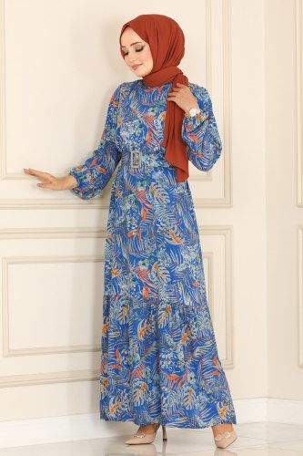 moda selvim Palmiye Desenli Viskon Elbise 2447SVT808 Saks - Thumbnail