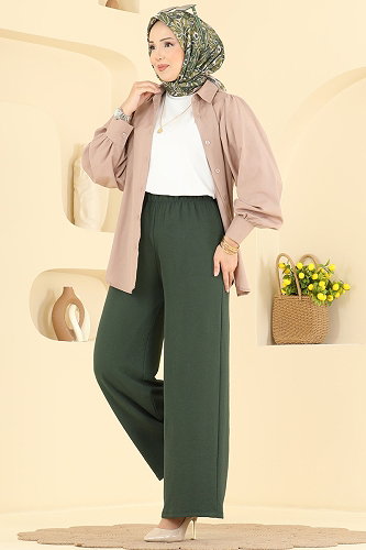 moda selvim بنطلون أخضر عفني غامق 3888BLU797 - Thumbnail