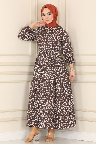 moda selvim Papatya Desenli Terikoton Elbise 400BRZ597 Kahve - Thumbnail