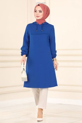 moda selvim Pat Detaylı Aerobin Tunik 4005BM387 Saks - Thumbnail