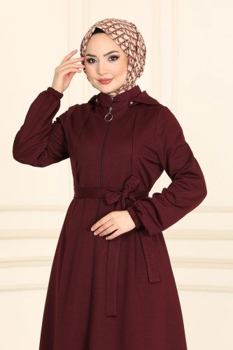 moda selvim Pat Detaylı Tesettür Ferace 2412SL432 Bordo - Thumbnail