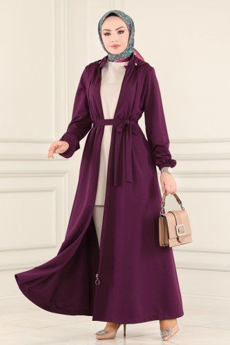 moda selvim Pat Detaylı Tesettür Ferace 2412SL432 Mor - Thumbnail