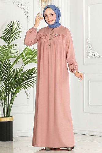 moda selvim Pat Detaylı Viskon Elbise 7103BG354 Pudra - Thumbnail