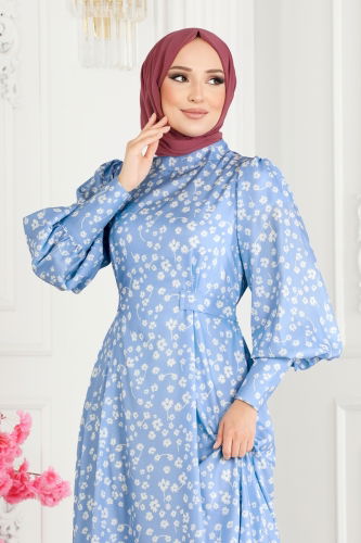 moda selvim Patterned Crepe Dress 6109BSK463 Blue - Thumbnail