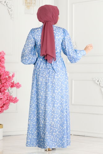 moda selvim Patterned Crepe Dress 6109BSK463 Blue - Thumbnail