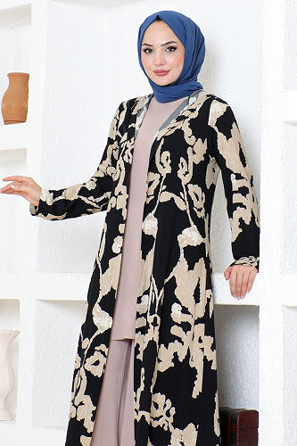 moda selvim Patterned Triple Viscose Set 0332BGS895 Black&Vision - Thumbnail