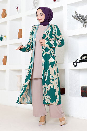 moda selvim Patterned Triple Viscose Set 0332BGS895 Petrol&Vizyon - Thumbnail